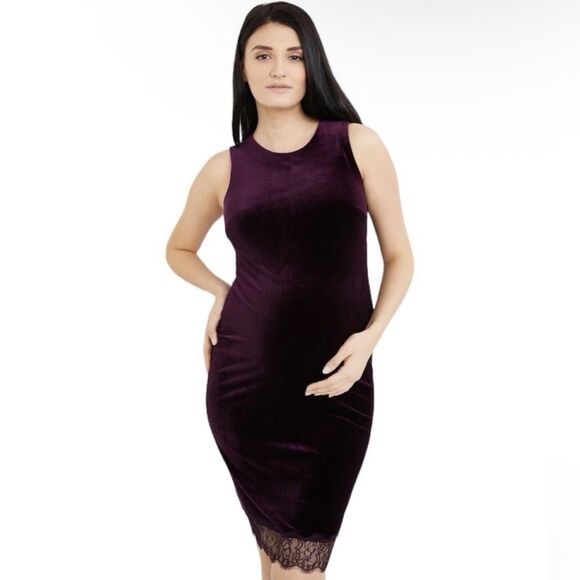 A Pea In The Pod Maternity Velvet Lace Trim Plum Dress Size M - Picture 1 of 7